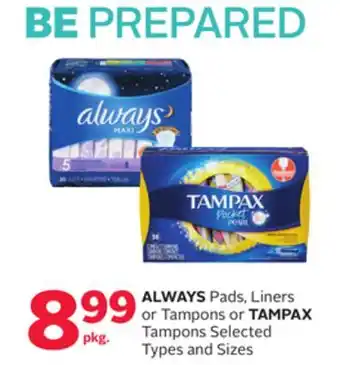 Rexall ALWAYS Pads, Liners or Tampons or TAMPAX Tampons offer