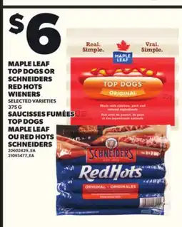 Independent City Market MAPLE LEAF TOP DOGS OR SCHNEIDERS RED HOTS WIENERS, 375 G offer