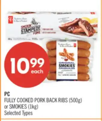 Shoppers Drug Mart PC FULLY COOKED PORK BACK RIBS (500g) or SMOKIES (1kg) offer