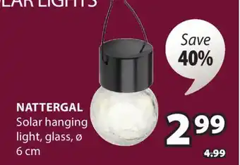 JYSK NATTERGAL Solar hanging light, glass offer