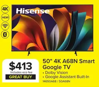 Leon's Hisense 50 4K Smart Google AI Upscaler LED TV - 50A68N offer