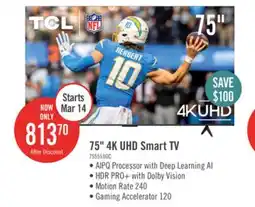 The Brick TCL 75 4K UHD LED HDR Pro+ 60Hz Google Smart TV (75S551G-CA) offer