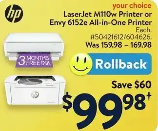 Walmart LaserJet M110w Printer or Envy 6152e All-in-One Printer offer