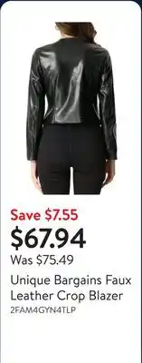 Walmart Unique Bargains Faux Leather Crop Blazer offer