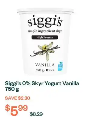 Voilà Siggi's 0% Skyr Yogurt Vanilla 750 g offer