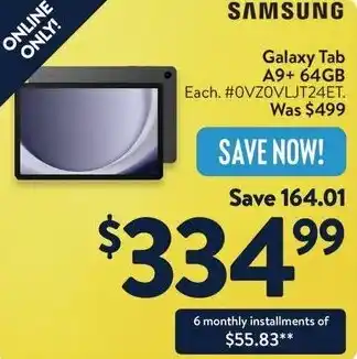 Walmart SAMSUNG Galaxy Tab A9+ 64GB offer