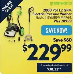 Walmart greenworks 2000 PSI 1.2 GPM Electric Pressure Washer offer