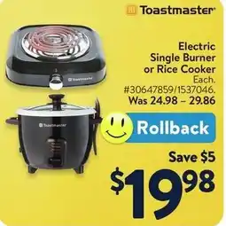 Walmart Toastmaster Electric Single Burner or Rice Cooker offer