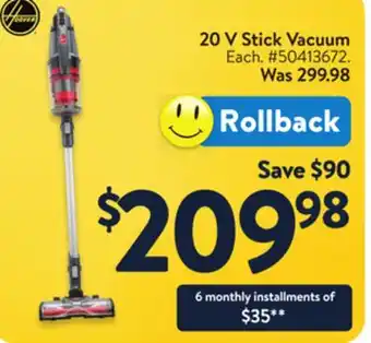 Walmart Hoover 20 V Stick Vacuum offer