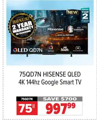 2001 Audio Video 75QD7N HISENSE 75 QLED 4K 144hz Google Smart TV offer