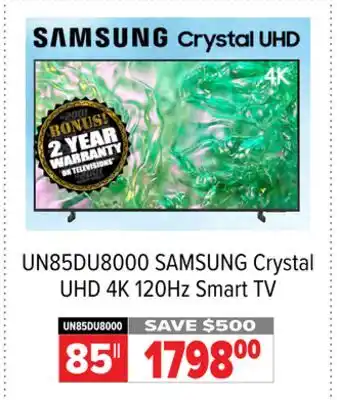 2001 Audio Video UN85DU8000 SAMSUNG Crystal UHD 4K 120Hz Smart TV offer