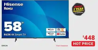 Visions Electronics Hisense R63N 4K Smart TV58 offer