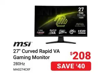 Visions Electronics MSI MAG 27 280Hz Curved Gaming Monitor offer