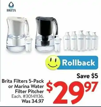 Walmart Brita Filters 5-Pack or Marina Water Filter Pitcher offer