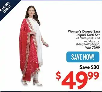 Walmart Women's Dweep Sara Jaipuri Kurti Set offer