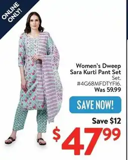 Walmart Women's Dweep Sara Kurti Pant Set offer