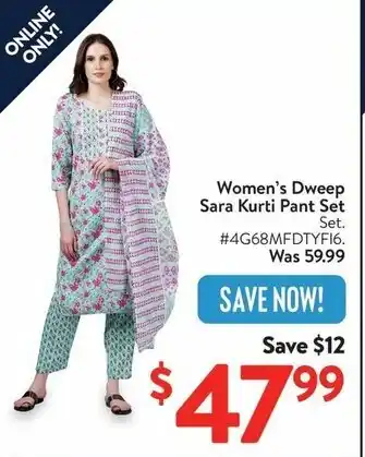 Walmart Women's Dweep Sara Kurti Pant Set offer