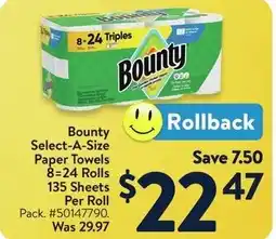 Walmart Bounty Select-A-Size Paper Towels 8-24 Rolls 135 Sheets Per Roll offer