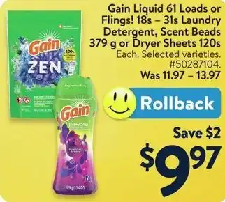 Walmart Gain Liquid 61 Loads or Flings! 18s-31s Laundry Detergent, Scent Beads 379 g or Dryer Sheets 120s offer