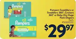 Walmart Pampers Swaddlers or Swaddlers 360°, Cruisers 360° or Baby-Dry Huge Pack Diapers offer