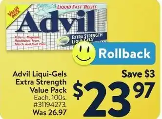 Walmart Advil liqui-gels extra strength value pack each offer