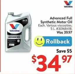 Walmart Advanced Full Synthetic Motor Oil offer