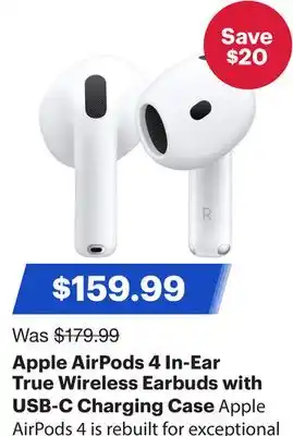 Best Buy Apple AirPods 4 In-Ear True Wireless Earbuds with USB-C Charging Case offer