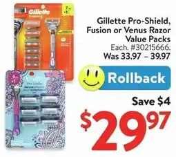 Walmart Gillette Pro-Shield, Fusion or Venus Razor Value Packs offer