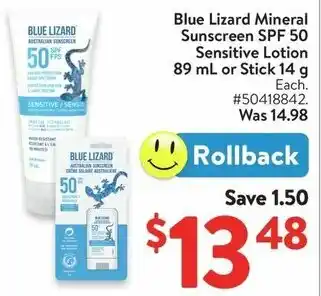 Walmart Blue Lizard Mineral Sunscreen SPF 50 Sensitive Lotion offer