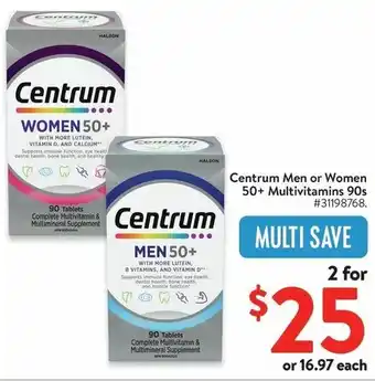 Walmart Centrum Men or Women 50+ Multivitamins 90s offer