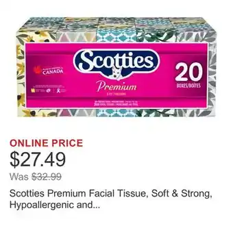 Costco Scotties Premium Facial Tissue, Soft & Strong, Hypoallergenic and Dermatologist Tested, 20-pack offer