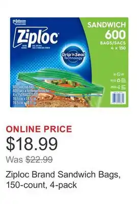 Costco Ziploc Brand Sandwich Bags, 150-count, 4-pack offer