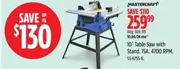 Canadian Tire Mastercraft 10˝ Table Saw with Stand. 15A. 4700 RPM offer