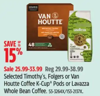 Canadian Tire Selected Timothy's, Folgers or Van Houtte Coffee K-Cup Pods or Lavazza Whole Bean Coffee offer