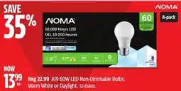 Canadian Tire NOMA A19 60W LED Non-Dimmable Bulbs. Warm White or Daylight offer