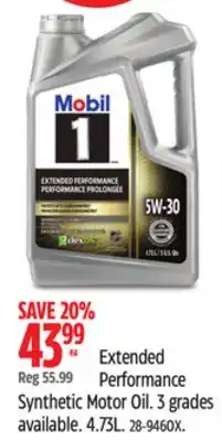 Canadian Tire Mobil 1 Synthetic Motor Oil. 3 grades available. 4.73L offer