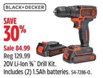 Canadian Tire Black + Decker20V Li-Ion 3⁄8˝ Drill Kit. Includes (2) 1.5Ah batteries offer