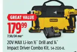 Canadian Tire Dewalt 20V MAX Li-Ion 1⁄2˝ Drill and 1⁄4˝ Impact Driver Combo Kit offer