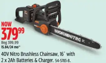 Canadian Tire Worx 40V Nitro Brushless Chainsaw, 16 with 2x 2Ah Batteries & Charger offer