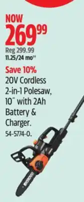 Canadian Tire WORX 20V Cordless 2-in-1 Polesaw, 10 with 2Ah Battery & Charger offer