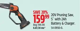 Canadian Tire WORX 20V Pruning Saw 5 with 2Ah Battery & Charger offer