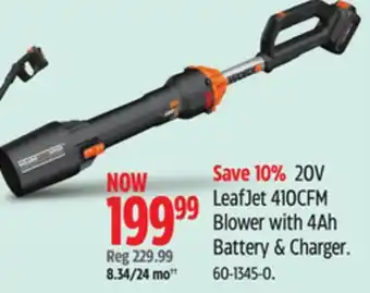 Canadian Tire WORX 20V LeafJet 410CFM Leafjet Blower with 4Ah Battery & charger offer