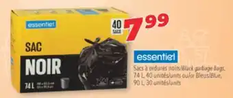 Familiprix essentiel Black garbage bags, 74 L units or Blue 90 L units offer