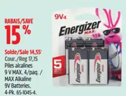 Canadian Tire Energizer MAX Alkaline 9V Batteries, 4-Pk offer