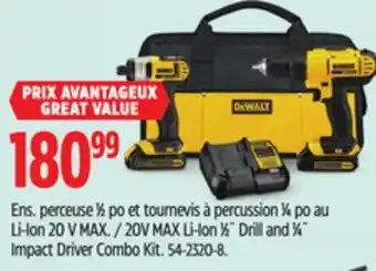 Canadian Tire Dewalt 20V MAX Li-Ion 1⁄2˝ Drill and 1⁄4˝ Impact Driver Combo Kit offer