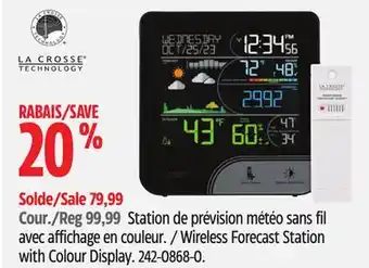 Canadian Tire La Crosse Wireless Forecast Station with Colour Display offer