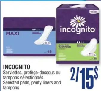 Jean Coutu INCOGNITO Selected pads, panty liners and tampons offer