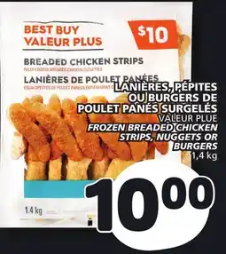 Marché Bonichoix VALEUR PLUE FROZEN BREADED CHICKEN STRIPS, NUGGETS OR BURGERS offer