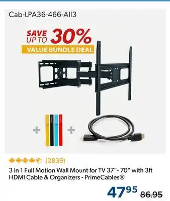 Primecables 3 in 1 Full Motion Wall Mount for TV 37 - 70 with 3ft HDMI Cable & Organizers - PrimeCables offer