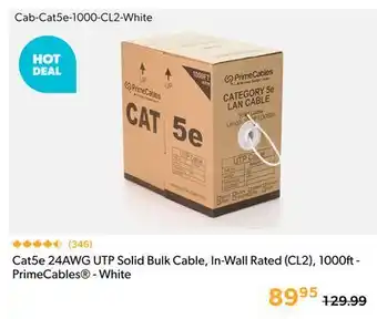 Primecables Cat5e 24AWG UTP Solid Bulk Cable, In-Wall Rated (CL2), 1000ft - PrimeCables - White offer